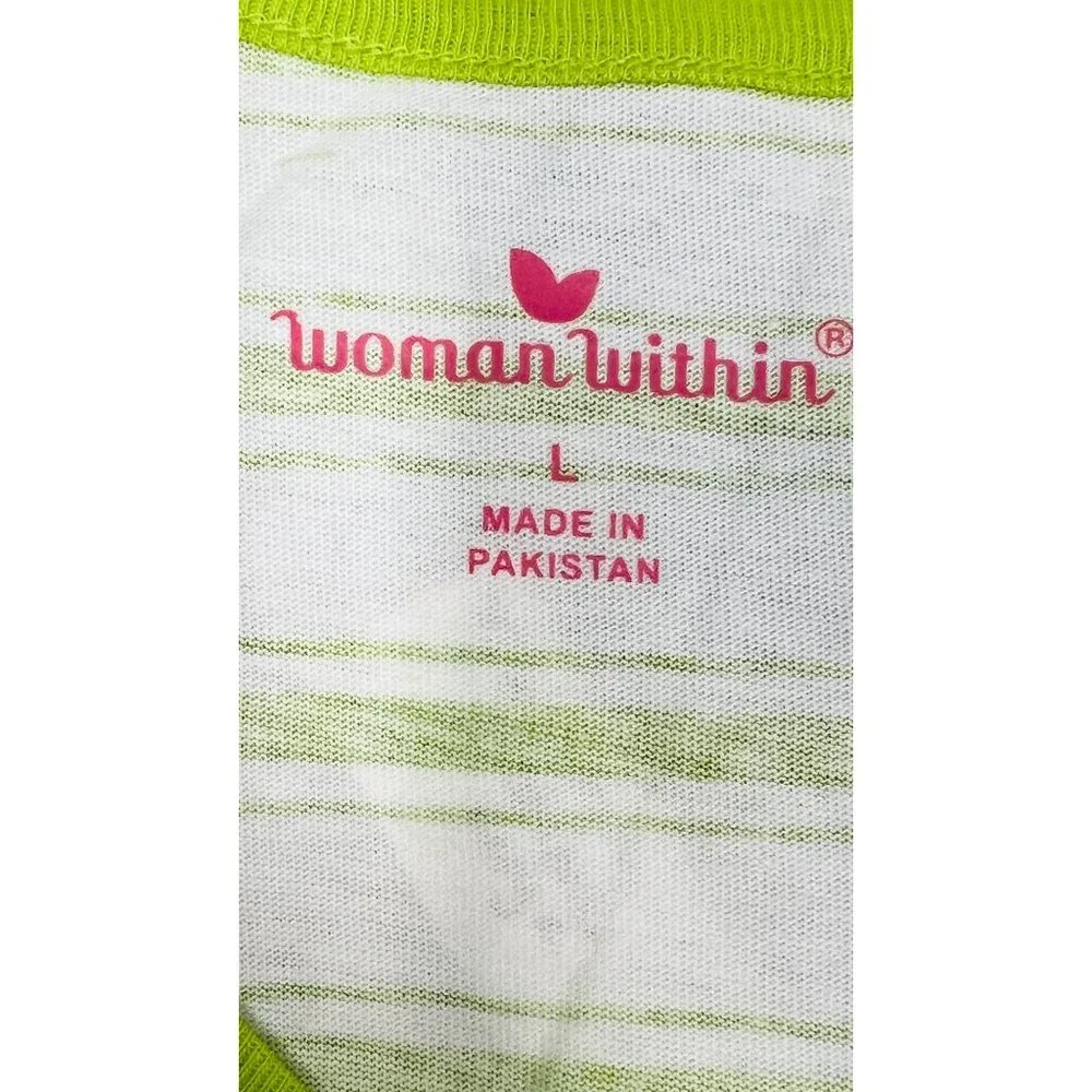 Woman Within Green & White Striped V-Neck T-Shirt Short Sleeve Size Large - Picture 3 of 5